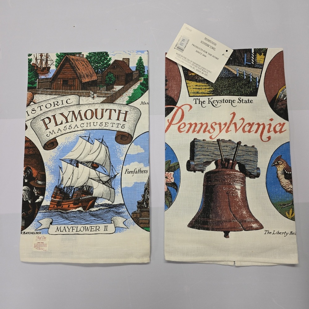 Vintage Kay Dee Stevens Linen‎ Souvenir Towels Plymouth MA Pennsylvania Set of 2